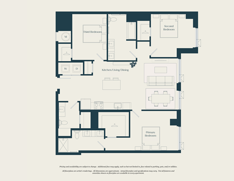 Floor plan for 3 beds, 2.5 baths, 1370 sqft